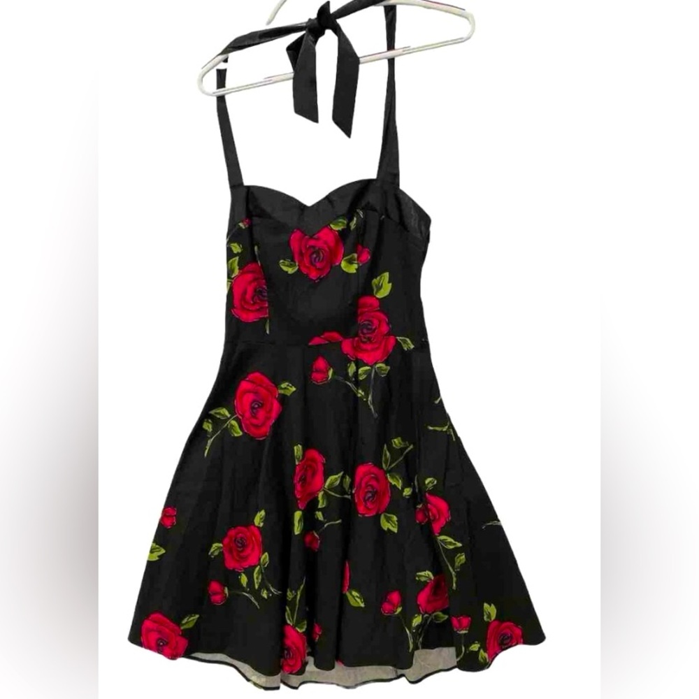 Halter Dress Retro Swing Woman's XL Black Floral Vintage Full Skirt Dress Tells